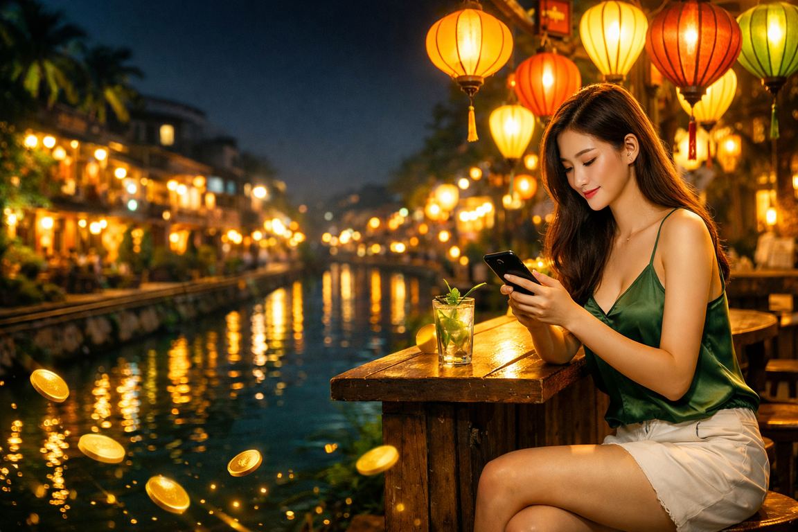 Chợ đêm Hà Nội về khuya, người dùng dùng điện thoại kiểm tra giải thưởng và ưu đãi iun88